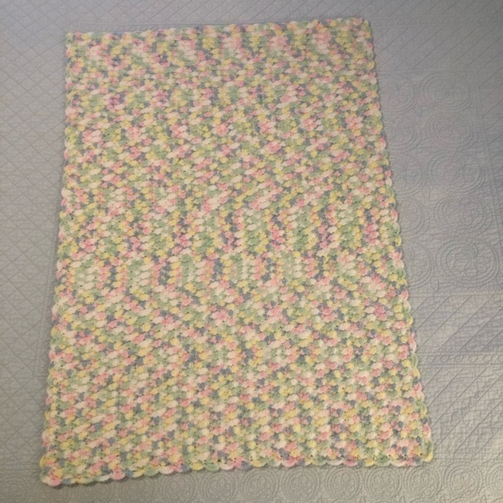 Hand made baby afghan blanket. Pink/green/blue/white. Hand made.